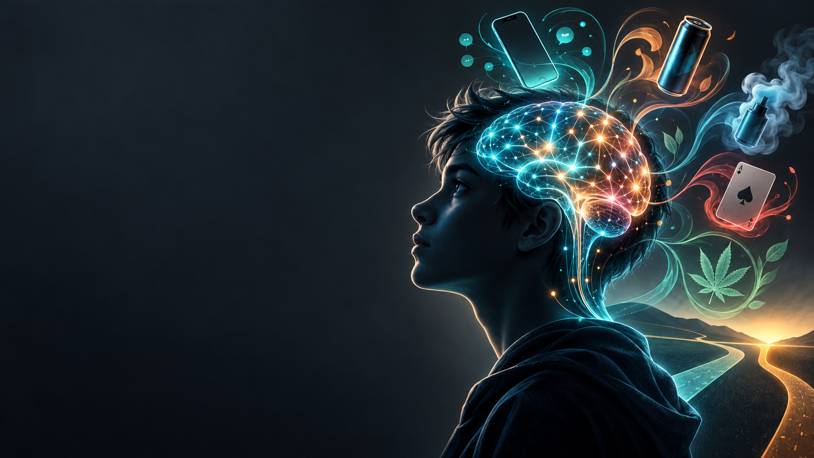 Silueta de un adolescente con un cerebro iluminado y símbolos abstractos de consumo y apuestas